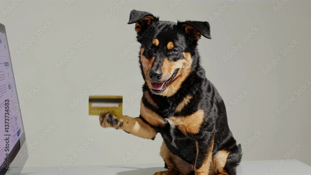 Perro Comprando en Línea en Veterinaria con Tarjeta de Crédito
