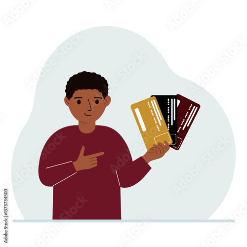 Little boy with several plastic cards. The concept of teaching children financial literacy. Vector flat illustration