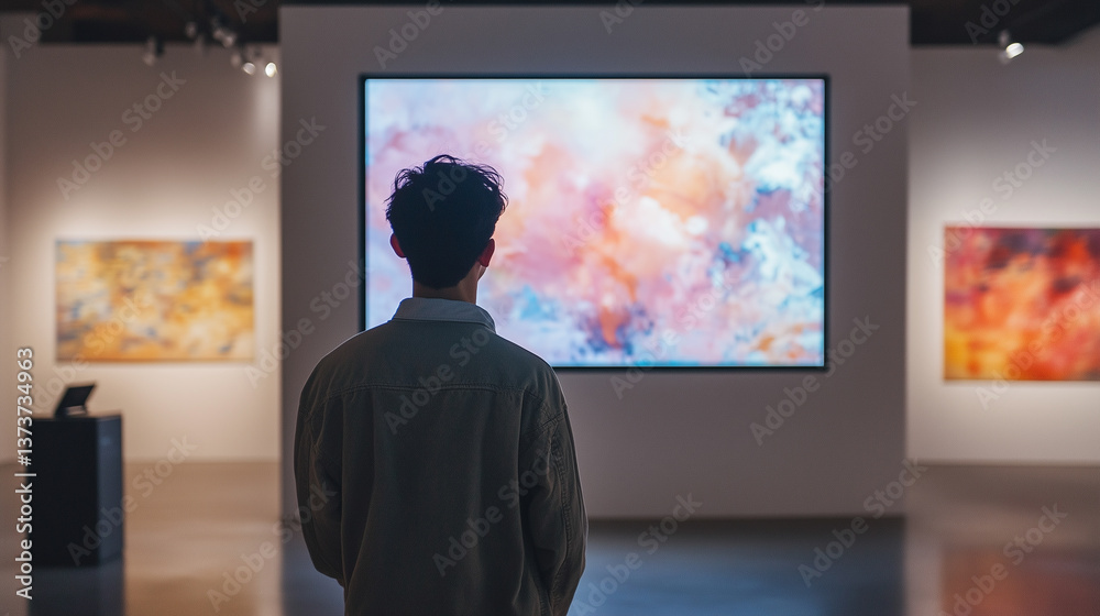Visitor admires contemporary art installations in a modern gallery during an evening exhibition event Generative AI Visitor admires contemporary art installations in a modern gallery during an evening exhibition event Generative AI