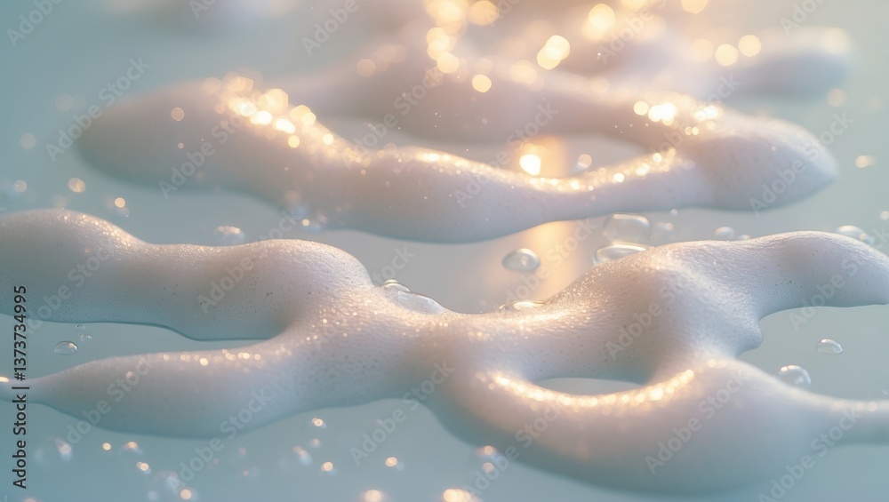 Fototapeta premium Close-up view of soft foam bubbles on water surface reflecting light during a tranquil moment