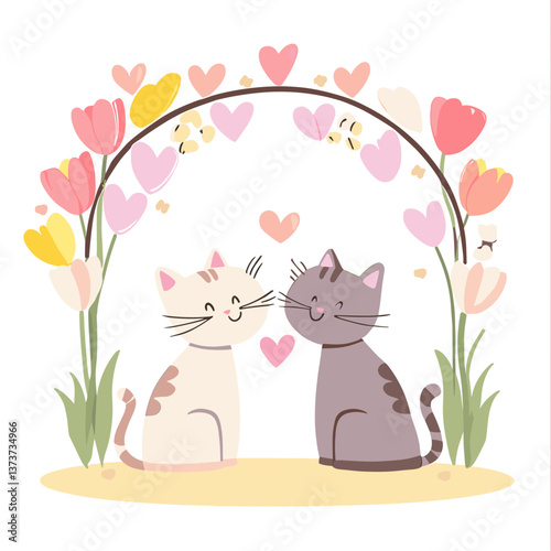 Two cartoon cats smiling under tulip Pet wedding arch with hearts
