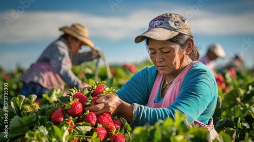 Migrant Farmworkers in California: Hispanic Men and Women Working in Strawberry Fields