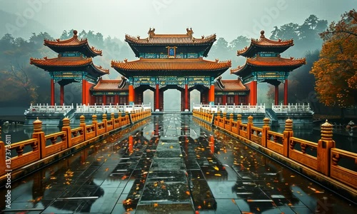China, view at fantastic landscape with king's palace. Iconic panoramic view