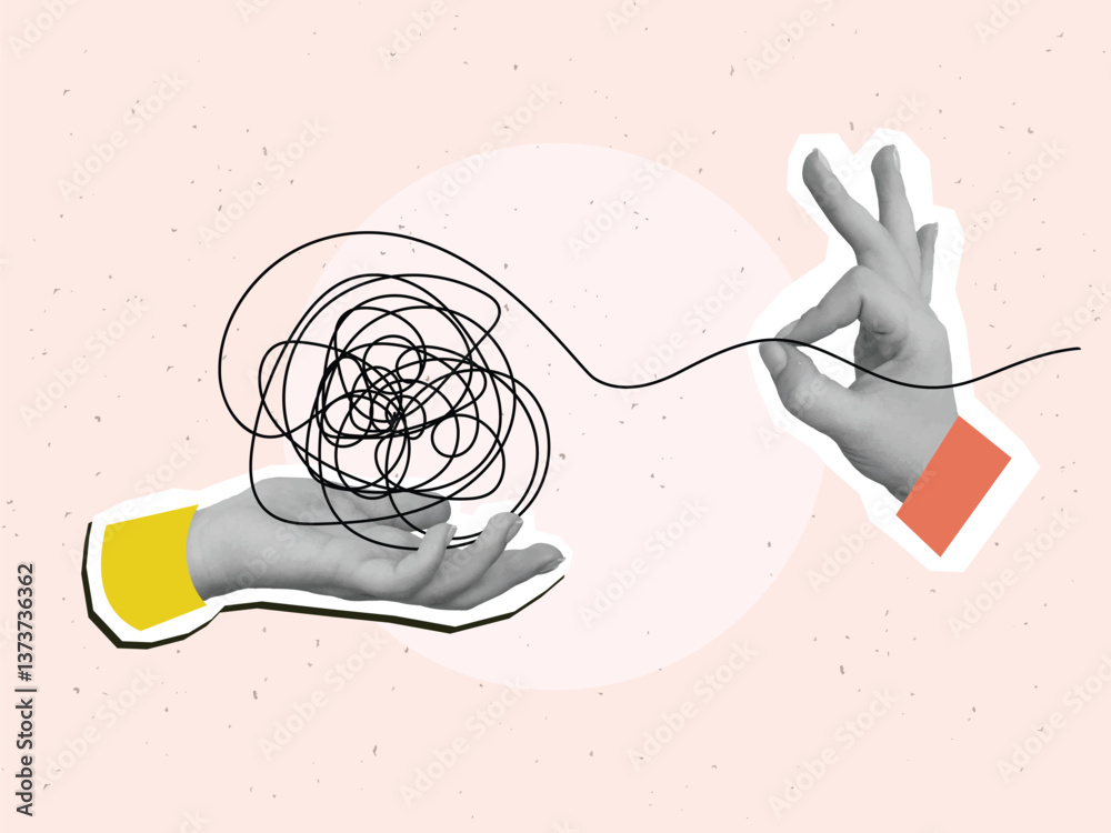 Foto A hand pulls a thread from a tangled ball in other hand