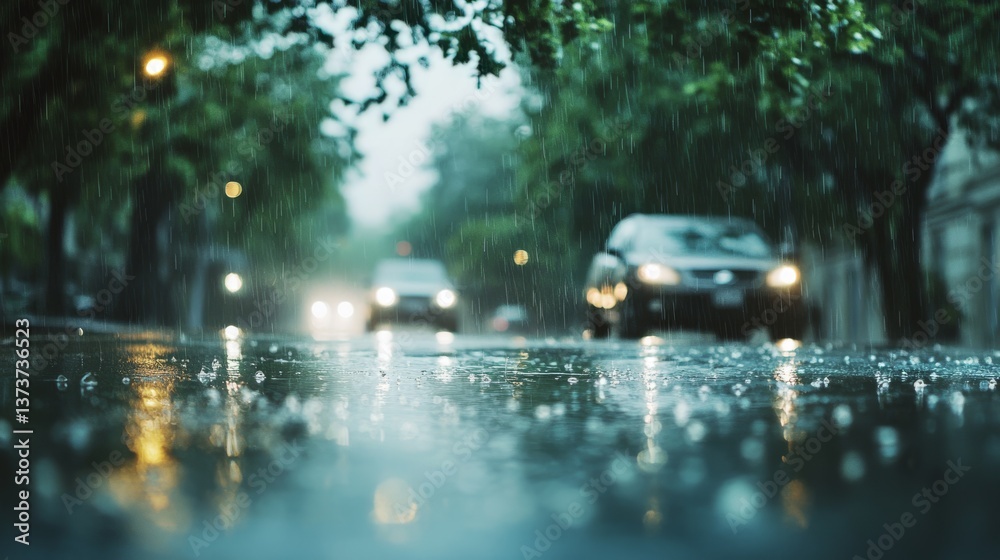 Fototapeta premium A rainy evening street scene with headlights reflecting on wet asphalt, creating a moody and atmospheric urban setting under dim streetlights.. AI Generation