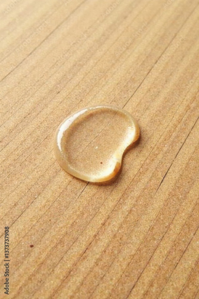 A single droplet of translucent liquid rests on a light brown wooden surface, showcasing its viscosity and subtle color variations. A single droplet of translucent liquid rests on a light brown wooden surface, showcasing its viscosity and subtle color variations.