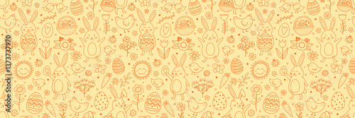 Colourful Easter texture in cartoon style. Hand drawn bunny, chick, eggs and flowers. Doodle.  Vector illustration