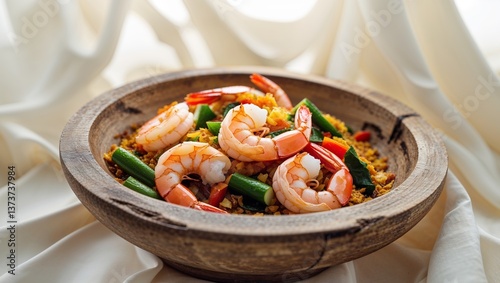 Shrimp And Vegetable Paella In Wooden Bowl