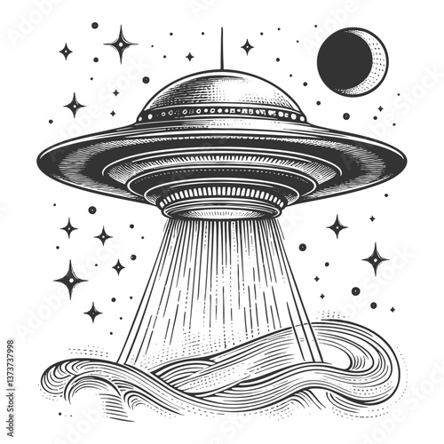 UFO flying saucer emitting a powerful beam of light, blending retro sci-fi with a mysterious extraterrestrial theme sketch engraving generative ai vector illustration. Scratch board. Black and white.