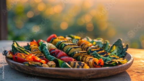 Grilled Vegetable Medley On Wooden Plate At Sunset.