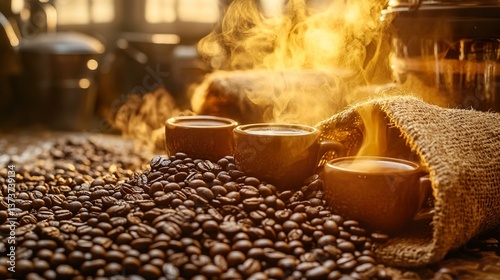 Aromatic coffee break: still life with steaming cups and roasted beans