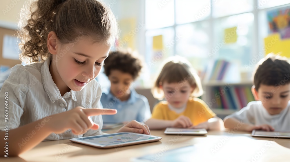 A vibrant elementary classroom with engaged students and technology A vibrant elementary classroom with engaged students and technology