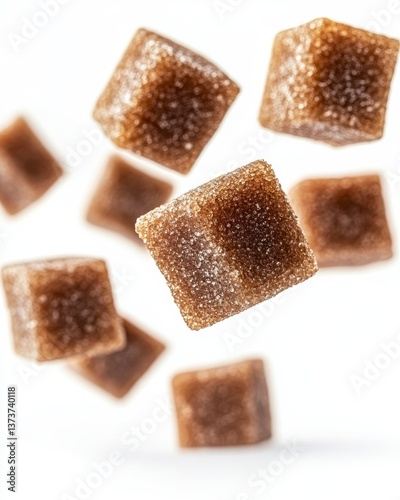 Floating Brown Sugar Cubes Isolated on White Background Studio Shot Square Shape Natural Sweetness Food Ingredient Table Refined Backdrop Ingredient