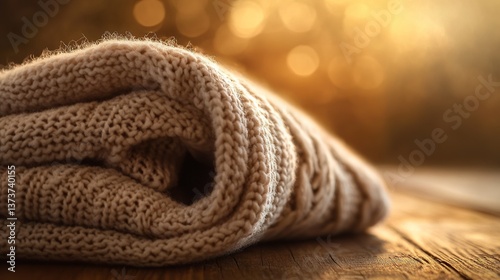 Cozy knitted blanket on rustic wooden surface with warm bokeh background