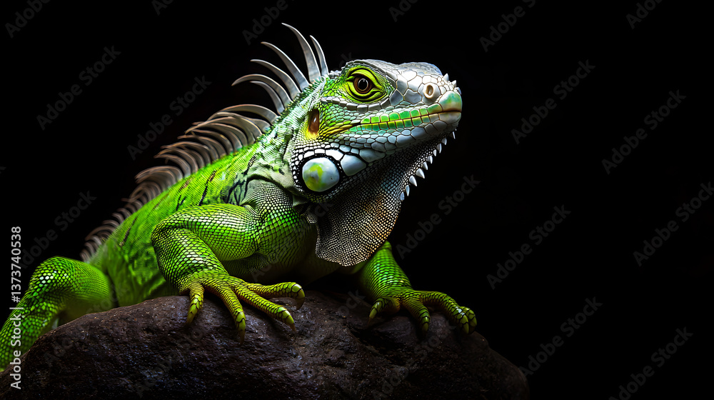 Obraz premium A green iguana with white frills sitting on a rock, against a black background. This is a full-body portrait, captured with professional photography and studio lighting
