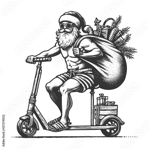Santa Claus wearing swim trunks and sunglasses, riding kick scooter with a sack of gifts sketch engraving generative ai vector illustration. Scratch board imitation. Black and white image.
