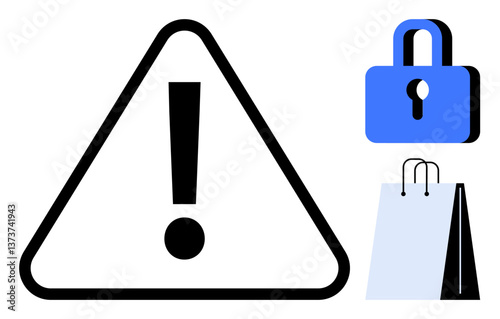 Black exclamation mark in triangle for caution, blue lock for security, paper shopping bag for retail. Ideal for online safety, e-commerce, privacy awareness, data threats, fraud, cybersecurity flat