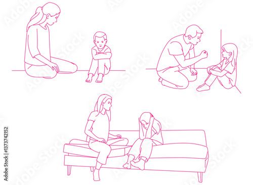  strict mother scolding offended naughty little daughter pointing finger sitting on floor