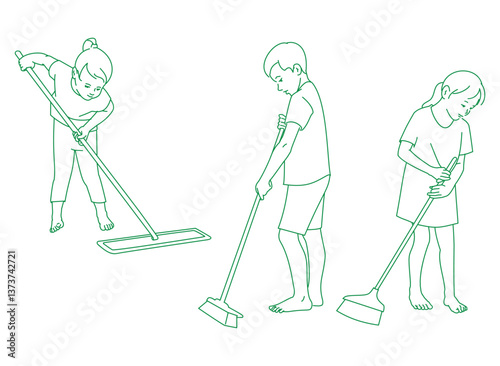  children doing their room, cleaning room