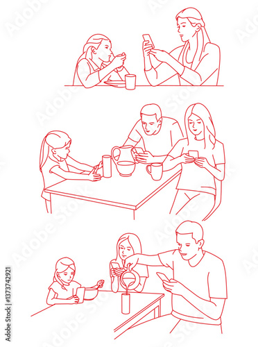  family communication, sad girl looking at her mother with smartphone having dinner