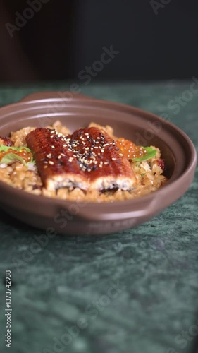 Delicious grilled eel rice bowl delight japanese restaurant food photography cozy atmosphere close-up view culinary experience