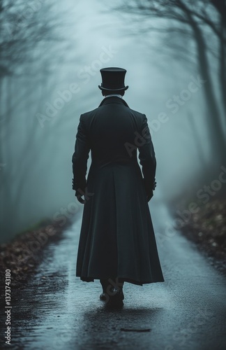 Rear View of a Victorian Man in Dark Long Coat and Top Hat Walking on Foggy Country Road in a Misty Atmosphere