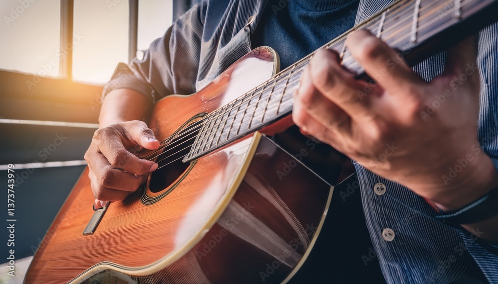Person playing acoustic guitar, enjoying music in a cozy setting, expressing creativity with hands on strings. Person playing acoustic guitar, enjoying music in a cozy setting, expressing creativity with hands on strings.