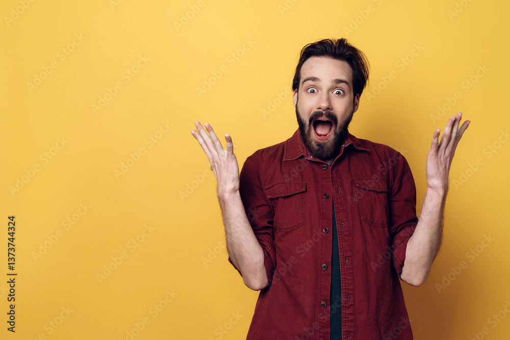 Expressive Happy Young Bearded Man Hands up Expressive Happy Young Bearded Man Hands up