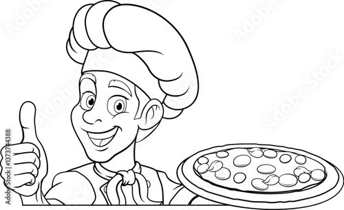 A chef cook holding a pizza cartoon food man mascot character illustration