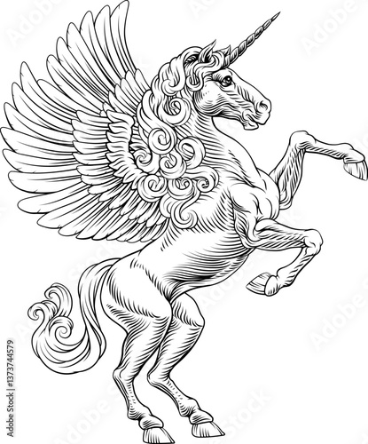 A heraldry coat of arms crest style rearing heraldic unicorn Pegasus winged horse standing on hind legs in a vintage style