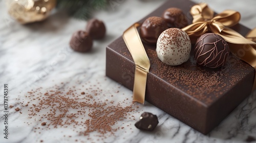 Exquisite chocolate truffles with golden ribbon on a marble surface delight