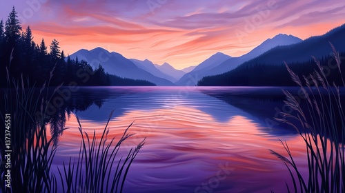 Serenity landscape scene with mountains and lake reflecting stunning sunset colors