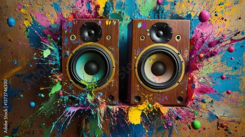 A striking image of vintage wooden speakers against a lively paint-splattered background. The combination of classic design and vivid colors captures energy and creativity.. AI Generation