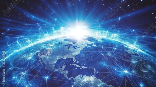 A detailed depiction of Earth enveloped in radiant blue networks and data streams, symbolizing worldwide connectivity and advanced communication technologies.. AI Generation