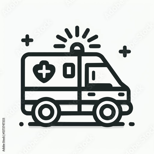 Line art illustration of an ambulance vehicle with a medical cross and emergency lights
