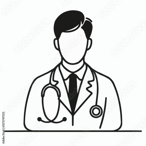 Vector linear art illustration of a male doctor, dressed in a medical gown, with a stethoscope