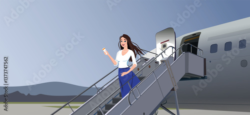 A flight attendant stands on the steps of an airplane as the plane lands at the airport during the day.