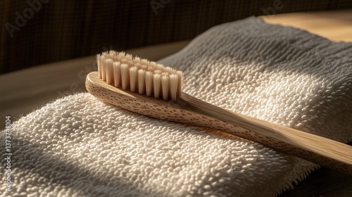 Eco-friendly wooden toothbrush lying on a soft towel in natural sunlight