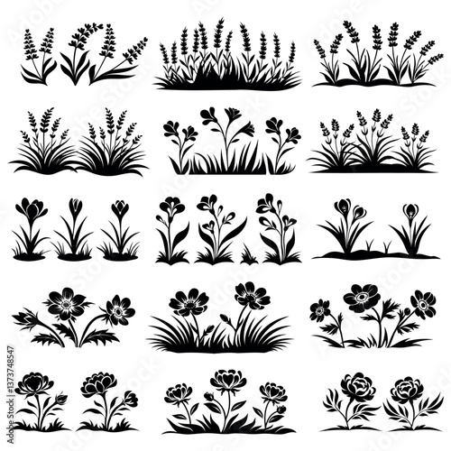 
collection of vector black icons of plants growing in the ground