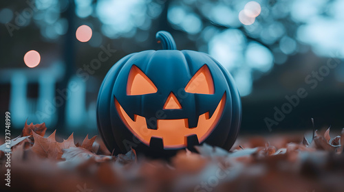 Glowing Jack-o'-Lantern on Autumn Leaves at Night