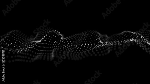Futuristic wave of moving dots in dark space. Digital big data technologies. 3D rendering.