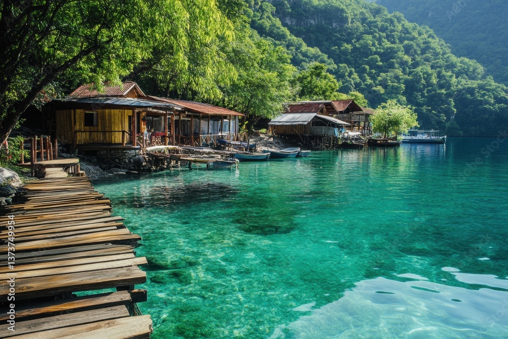 Scenic lakeside village surrounded by lush green mountains Scenic lakeside village surrounded by lush green mountains
