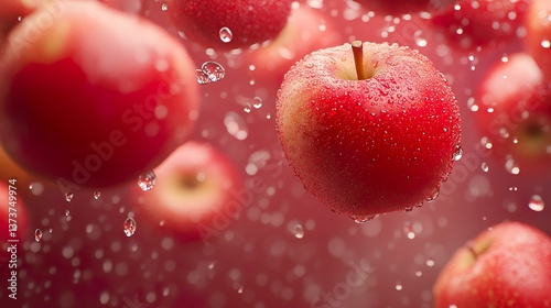 Freshness personified: Close-up of glistening red apples amidst water droplets