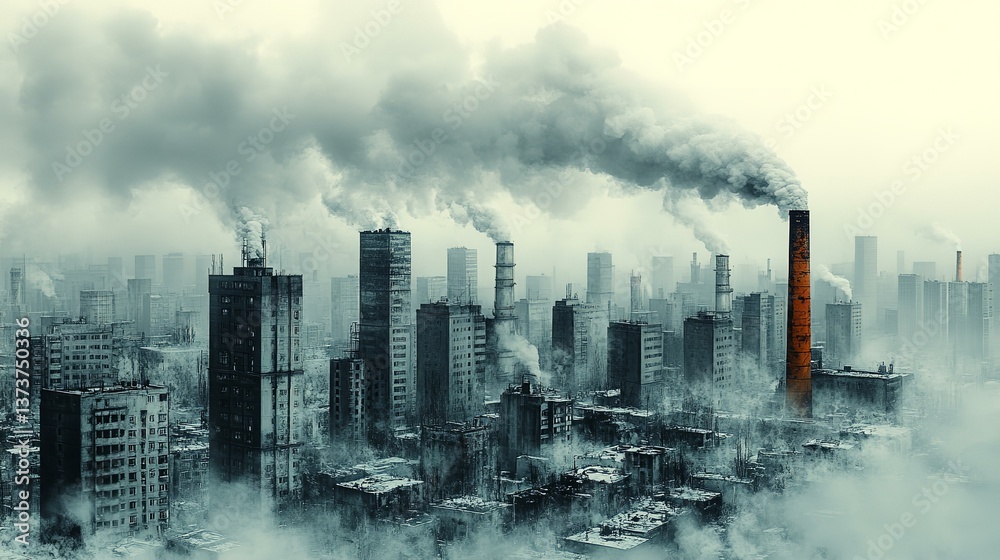 Modern dull city covered with pollution and smoke from industrial pipes, environment and ecology Modern dull city covered with pollution and smoke from industrial pipes, environment and ecology