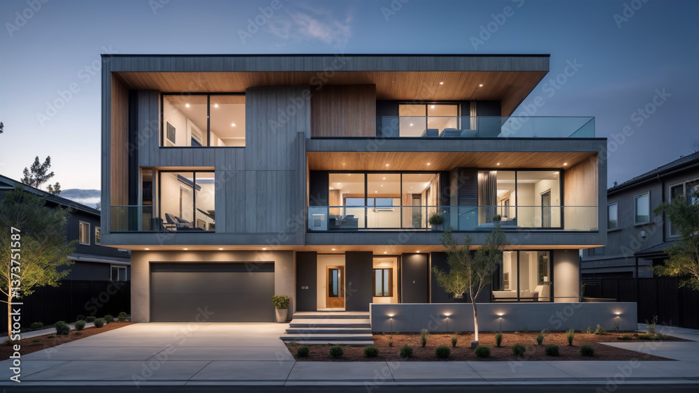The image shows a modern, multi-story house with large windows and a garage. The house has a stylish, minimalist design with a combination of concrete and wooden elements. The image shows a modern, multi-story house with large windows and a garage. The house has a stylish, minimalist design with a combination of concrete and wooden elements.