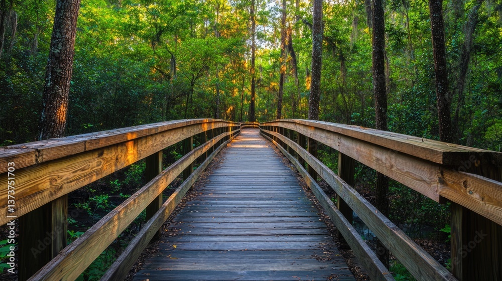 Obraz premium Ocala National Forest: Wooden Boardwalk Hiking Trail in Juniper Spring, Florida