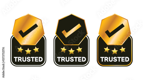 Trusted Badge Icons Featuring Gold Checkmark and Stars - High-Quality Certification Symbols for Reliability, Trustworthiness, and Premium Assurance