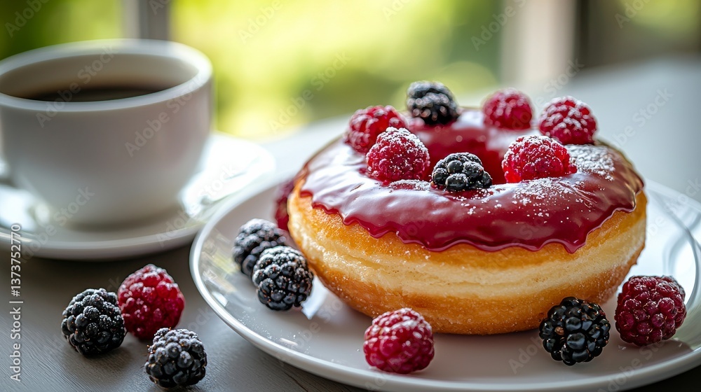 Delightful donut with berries and coffee on a table Delightful donut with berries and coffee on a table