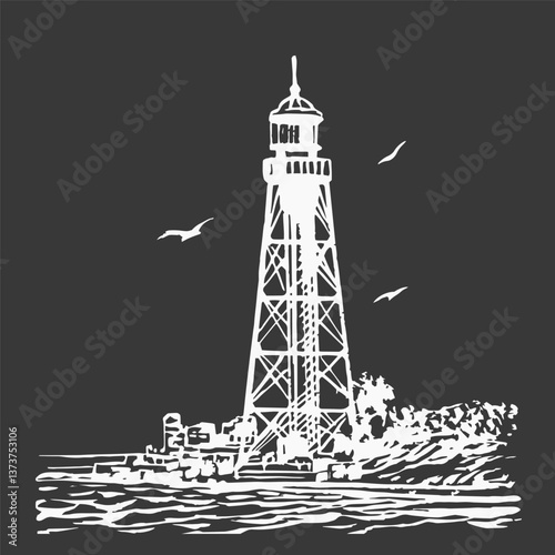 Dzharylhach Island, Ukraine, Lighthouse Sketch Vector 