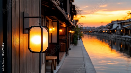 A warm golden sunset illuminates a traditional Japanese canal-side street scene with glowing lanterns on wooden buildings at dusk creating a serene and peaceful atmosphere.